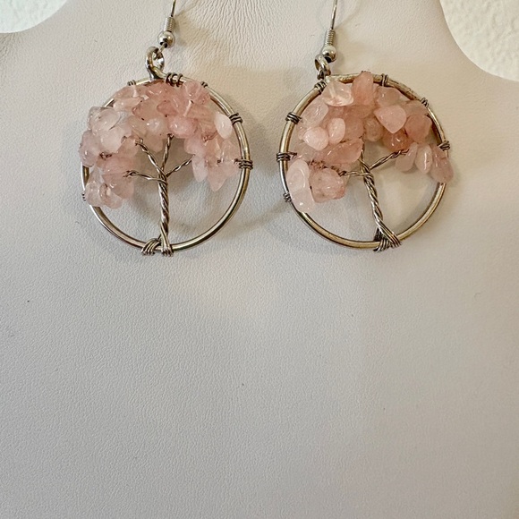 Pink Stone Earrings with Silver Wire Design Into a Tree Handmade - Picture 1 of 2